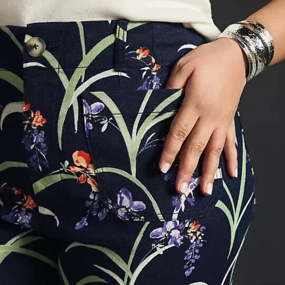 Anthropologie Maeve 27 NWT The Colette Cropped Wide-Leg Pants Dark Blue Floral
